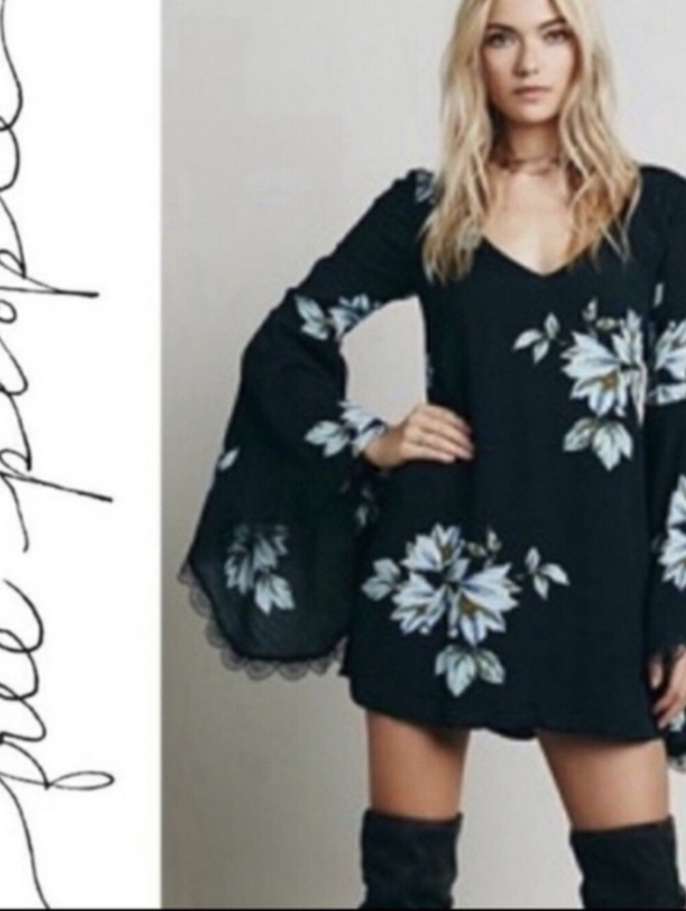 Free People Wanderer Mini Dress with Lace Trim Bell Sleeves And Cut Out Back - Picture 11 of 11